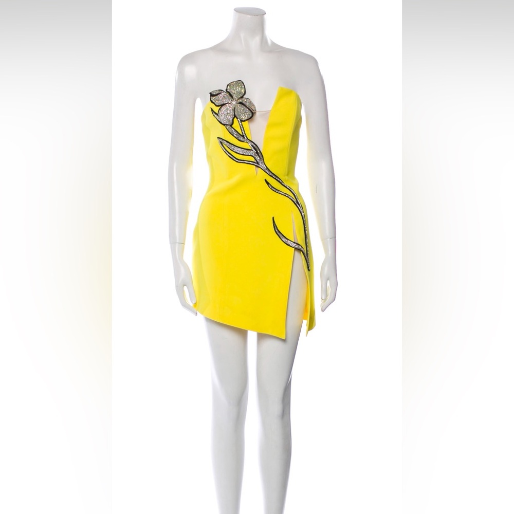 RARE David Koma sexy Crystal Rhinestone Flower Yellow Slit Mini Dress Medium